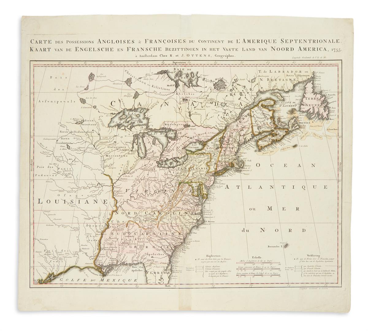 OTTENS, REINIER and JOSUA. Carte des Possessions Angloises & Francoises du Continent de LAmerique Septentrionale.